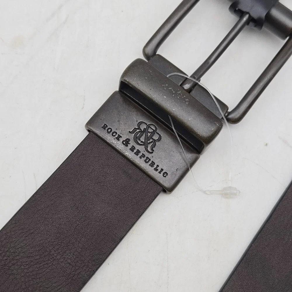 Rock & Republic Belt Brown Black Reversible Leather Mens 36 Bronze Buckle New